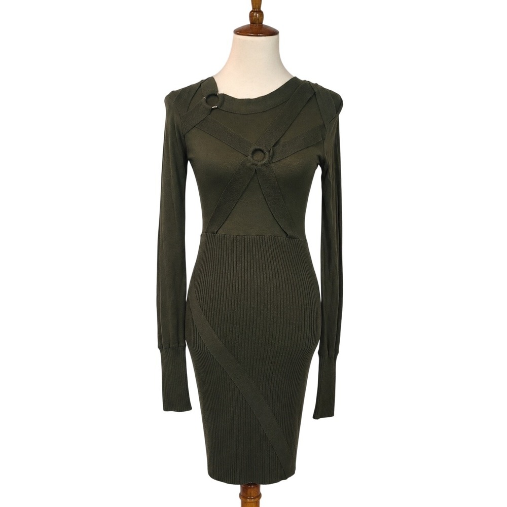 L.A.M.B. LAMB Gwen Stefani Olive Green Harness Ribbed Knit Bodycon Dress Medium